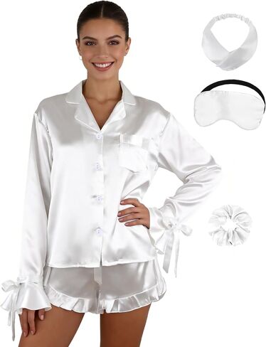 MORFORU Bridal Pajamas Set Women 2 Piece Satin Pajamas Long Sleeve Bow Tie Top and Ruffle Shorts Bride Bridesmaid Pjs Sets in Saudi Arabia