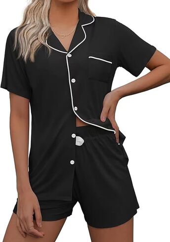 1 Set Women's Short Sleeve Pajama Set Black Button Down Top With White Contrast Piping And Matching Shorts Sleepwear Loungewear Size M in Kuwait