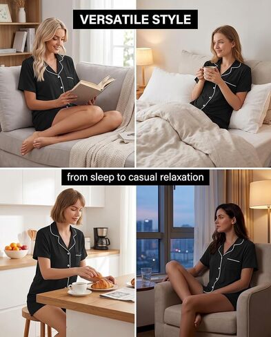 1 Set Women's Short Sleeve Pajama Set Black Button Down Top With White Contrast Piping And Matching Shorts Sleepwear Loungewear Size M in Kuwait
