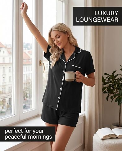 1 Set Women's Short Sleeve Pajama Set Black Button Down Top With White Contrast Piping And Matching Shorts Sleepwear Loungewear Size M in Kuwait