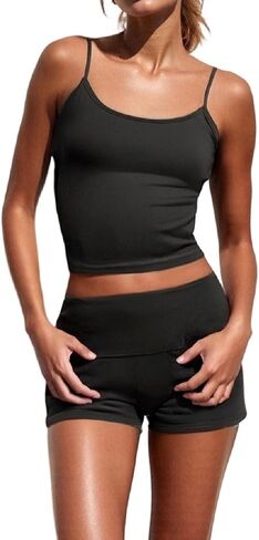 Woman Striped Cami Pajama Set Crop Tank Top and Fold Over Shorts Y2K Sleepwear 2-Piece Cute Pjs in Saudi Arabia