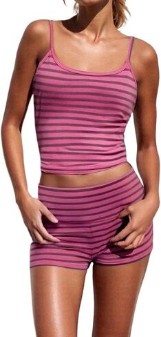 Woman Striped Cami Pajama Set Crop Tank Top and Fold Over Shorts Y2K Sleepwear 2-Piece Cute Pjs in Saudi Arabia