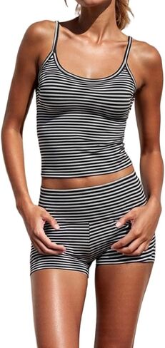 Woman Striped Cami Pajama Set Crop Tank Top and Fold Over Shorts Y2K Sleepwear 2-Piece Cute Pjs in Saudi Arabia