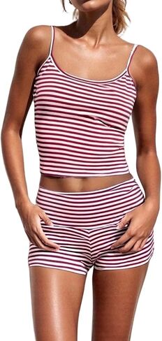 Woman Striped Cami Pajama Set Crop Tank Top and Fold Over Shorts Y2K Sleepwear 2-Piece Cute Pjs in Saudi Arabia