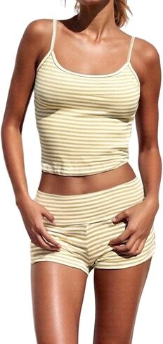 Woman Striped Cami Pajama Set Crop Tank Top and Fold Over Shorts Y2K Sleepwear 2-Piece Cute Pjs in Saudi Arabia