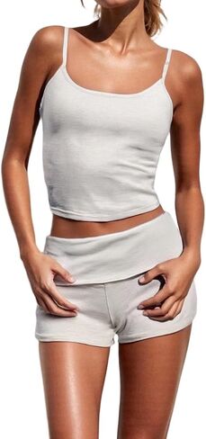 Woman Striped Cami Pajama Set Crop Tank Top and Fold Over Shorts Y2K Sleepwear 2-Piece Cute Pjs in Saudi Arabia