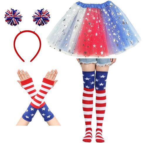4th Of July Patriotic Pom Pom Headband Tutu Stockings Gloves Red Blue White Hair Hoops Bands Headpiece American Flag Star Socks Skirt Women Independence Day Halloween Carnival Party Accessories in Saudi Arabia