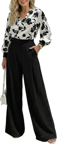 CHICME Women's 2 Pieces Outfit Abstract Print Cowl Neck Lantern Sleeve Crop Top and Wide Leg Pants Set in Saudi Arabia