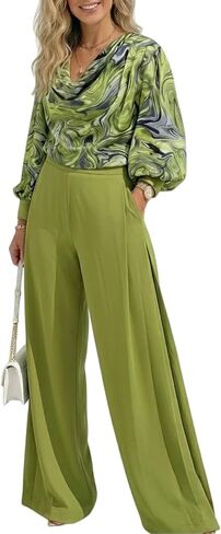 CHICME Women's 2 Pieces Outfit Abstract Print Cowl Neck Lantern Sleeve Crop Top and Wide Leg Pants Set in Saudi Arabia