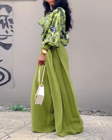 CHICME Women's 2 Pieces Outfit Abstract Print Cowl Neck Lantern Sleeve Crop Top and Wide Leg Pants Set in Saudi Arabia
