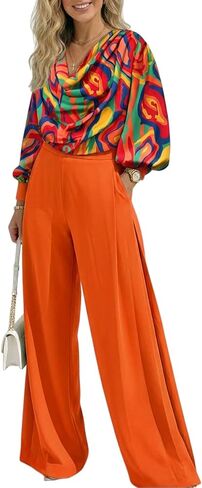CHICME Women's 2 Pieces Outfit Abstract Print Cowl Neck Lantern Sleeve Crop Top and Wide Leg Pants Set in Saudi Arabia