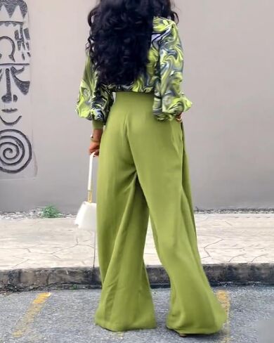 CHICME Women's 2 Pieces Outfit Abstract Print Cowl Neck Lantern Sleeve Crop Top and Wide Leg Pants Set in Saudi Arabia