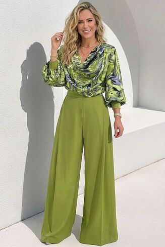 CHICME Women's 2 Pieces Outfit Abstract Print Cowl Neck Lantern Sleeve Crop Top and Wide Leg Pants Set in Saudi Arabia
