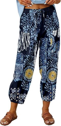 Dirholl Women's Retro Loose Cotton Button High-Waist Elastic Cropped Wide-Leg Pants in Saudi Arabia