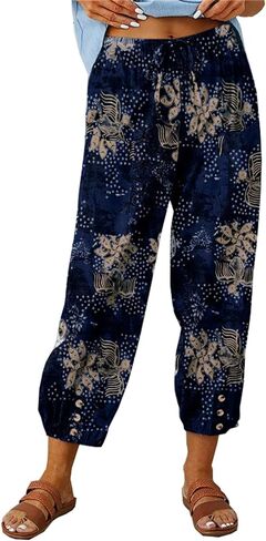 Dirholl Women's Retro Loose Cotton Button High-Waist Elastic Cropped Wide-Leg Pants in Saudi Arabia