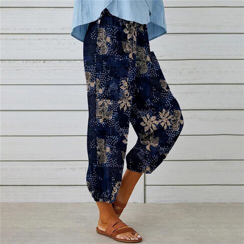 Dirholl Women's Retro Loose Cotton Button High-Waist Elastic Cropped Wide-Leg Pants in Saudi Arabia