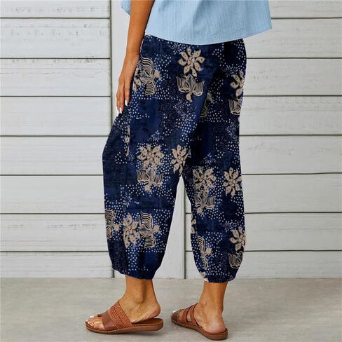 Dirholl Women's Retro Loose Cotton Button High-Waist Elastic Cropped Wide-Leg Pants in Saudi Arabia