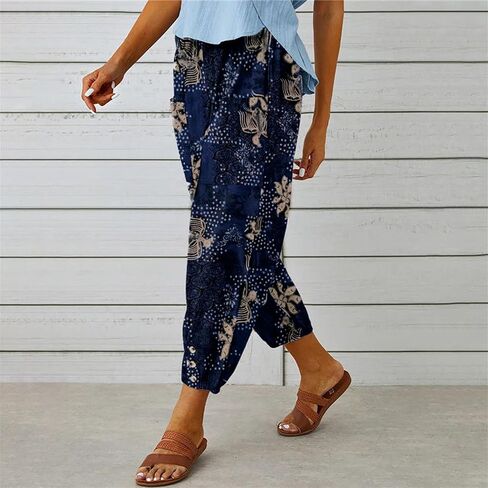 Dirholl Women's Retro Loose Cotton Button High-Waist Elastic Cropped Wide-Leg Pants in Saudi Arabia