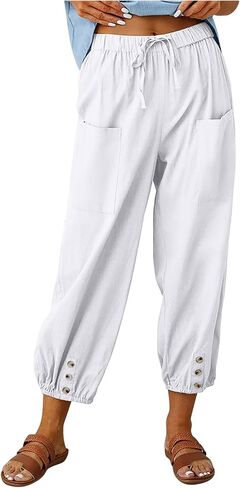 Dirholl Women's Retro Loose Cotton Button High-Waist Elastic Cropped Wide-Leg Pants in Saudi Arabia