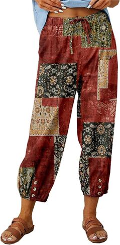 Dirholl Women's Retro Loose Cotton Button High-Waist Elastic Cropped Wide-Leg Pants in Saudi Arabia