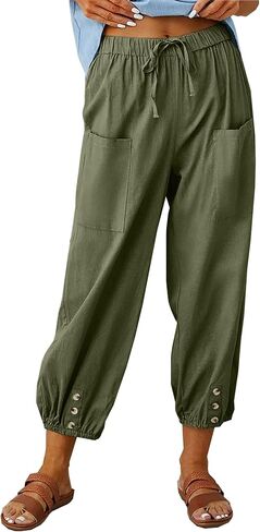 Dirholl Women's Retro Loose Cotton Button High-Waist Elastic Cropped Wide-Leg Pants in Saudi Arabia