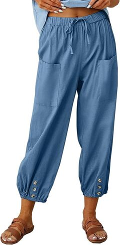 Dirholl Women's Retro Loose Cotton Button High-Waist Elastic Cropped Wide-Leg Pants in Saudi Arabia