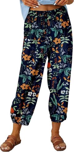 Dirholl Women's Retro Loose Cotton Button High-Waist Elastic Cropped Wide-Leg Pants in Saudi Arabia