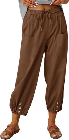Dirholl Women's Retro Loose Cotton Button High-Waist Elastic Cropped Wide-Leg Pants in Saudi Arabia