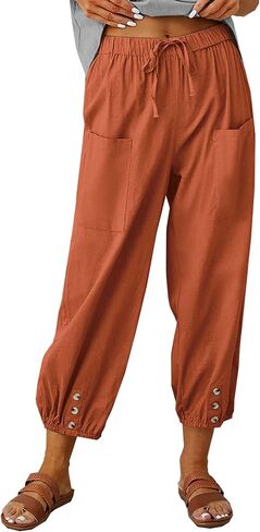 Dirholl Women's Retro Loose Cotton Button High-Waist Elastic Cropped Wide-Leg Pants in Saudi Arabia
