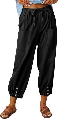 Dirholl Women's Retro Loose Cotton Button High-Waist Elastic Cropped Wide-Leg Pants in Saudi Arabia
