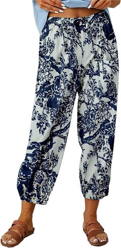 Dirholl Women's Retro Loose Cotton Button High-Waist Elastic Cropped Wide-Leg Pants in Saudi Arabia