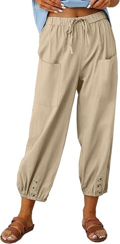 Dirholl Women's Retro Loose Cotton Button High-Waist Elastic Cropped Wide-Leg Pants in Saudi Arabia