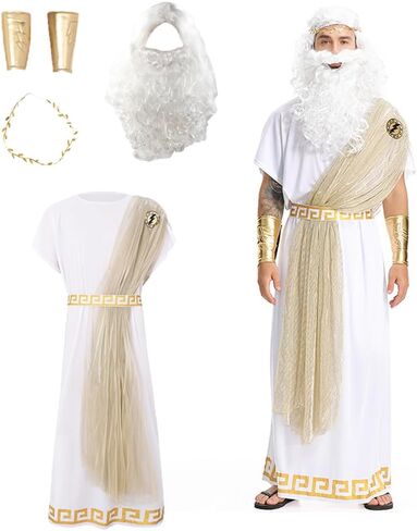 Men Zeus Toga Costume Adult Ancient Greek God Halloween Cosplay Outfit, White Roman Toga with Wig and Beard in Saudi Arabia
