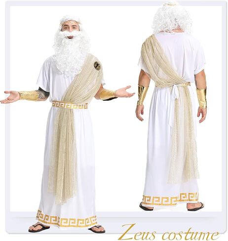Men Zeus Toga Costume Adult Ancient Greek God Halloween Cosplay Outfit, White Roman Toga with Wig and Beard in Saudi Arabia