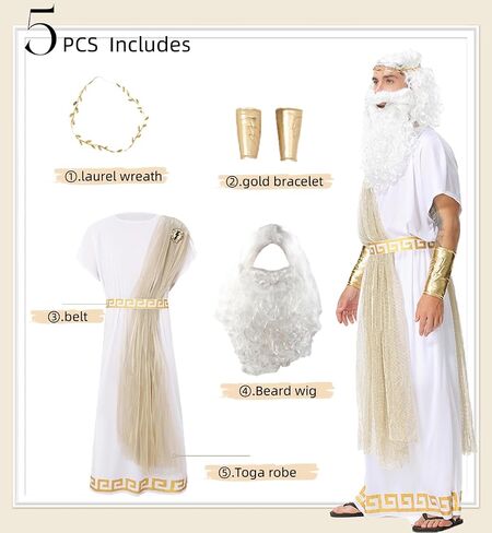 Men Zeus Toga Costume Adult Ancient Greek God Halloween Cosplay Outfit, White Roman Toga with Wig and Beard in Saudi Arabia