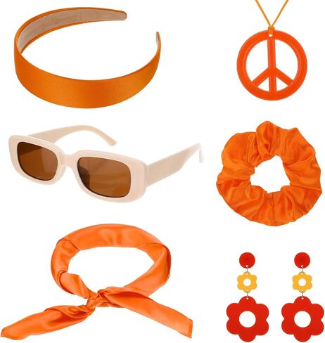6 Pcs 60s 70s Hippie Disco Costume Accessory Set for Women, Retro Headband Earrings Sunglasses Scarf Scrunchie Peace Sign Necklace in Saudi Arabia