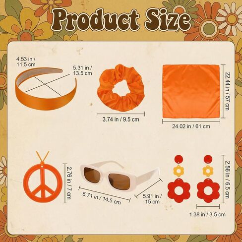 6 Pcs 60s 70s Hippie Disco Costume Accessory Set for Women, Retro Headband Earrings Sunglasses Scarf Scrunchie Peace Sign Necklace in Saudi Arabia