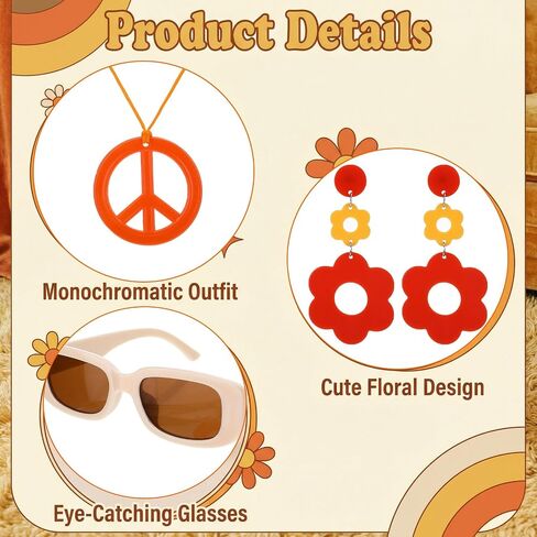 6 Pcs 60s 70s Hippie Disco Costume Accessory Set for Women, Retro Headband Earrings Sunglasses Scarf Scrunchie Peace Sign Necklace in Saudi Arabia