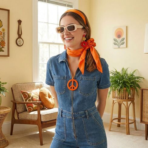 6 Pcs 60s 70s Hippie Disco Costume Accessory Set for Women, Retro Headband Earrings Sunglasses Scarf Scrunchie Peace Sign Necklace in Saudi Arabia