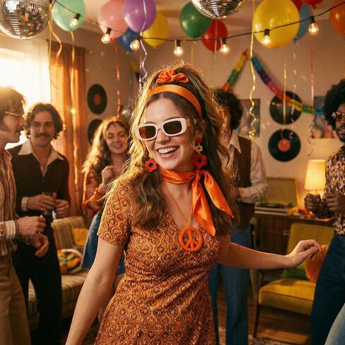 6 Pcs 60s 70s Hippie Disco Costume Accessory Set for Women, Retro Headband Earrings Sunglasses Scarf Scrunchie Peace Sign Necklace in Saudi Arabia