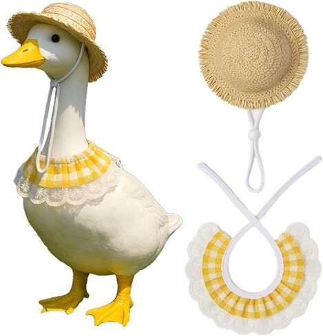 Spring Porch Goose Outfit Summer Straw Hat Yellow Lace Bandana Bib for Garden Patio Statue Art Decor (Yellow, 2Pcs Set) in Saudi Arabia