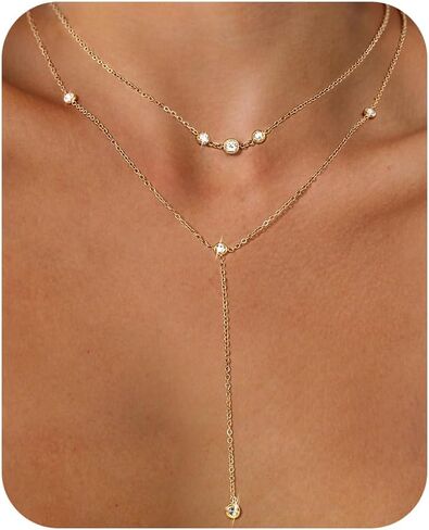 DALI Long Gold Necklaces for Women, Dainty Layered Sterling Silver Plated Y Shaped Necklace Stack Non Tarnish Cross CZ Pendant Long Chain Choker Adjustable Necklaces Jewelry for Vacation Christmas in Kuwait