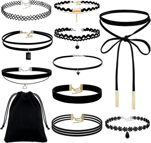 10PCS Black Choker Necklace for Women Emo Gothic Y2K 90s Grunge Punk Cosplay, Stretchy Elastic Tattoo Collar with Butterfly Ying Yang Charms, Retro Rock Concert Accessories in Kuwait