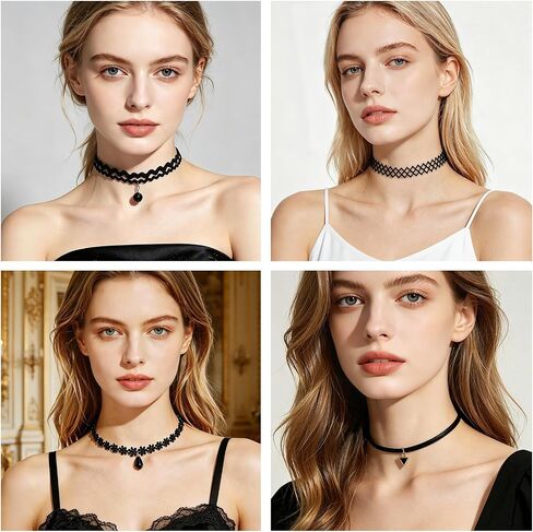 10PCS Black Choker Necklace for Women Emo Gothic Y2K 90s Grunge Punk Cosplay, Stretchy Elastic Tattoo Collar with Butterfly Ying Yang Charms, Retro Rock Concert Accessories in Kuwait
