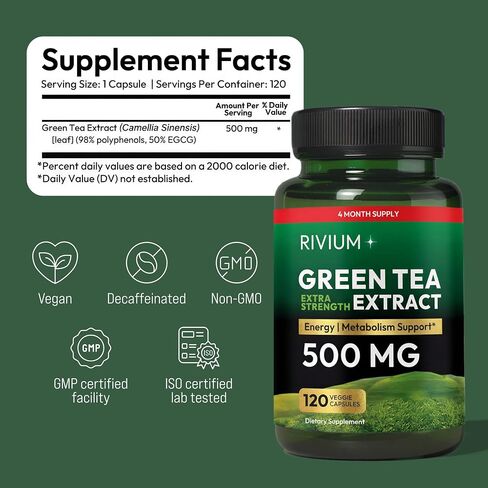 مستخلص الشاي الأخضر (EGCG) 500 مجم - مكمل عشبي مضاد للأكسدة منزوع الكافيين - يدعم عملية التمثيل الغذائي والطاقة والعافية اليومية - 120 كبسولة نباتية، غير معدلة وراثيًا in Kuwait