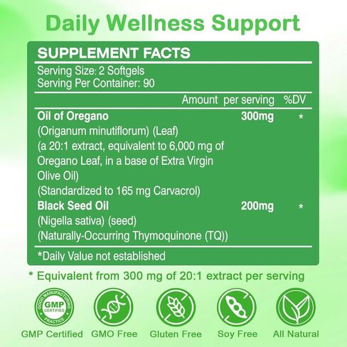 Oil of Oregano with Black Seed Oil Softgels, Oregano Oil Capsules 6000mg Per Serving, 180 Count | 2 in 1 for Immune Health, Non-GMO, No Gluten, Natural Herbal Oregano Supplement in Saudi Arabia