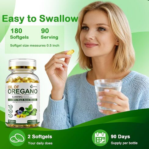 Oil of Oregano with Black Seed Oil Softgels, Oregano Oil Capsules 6000mg Per Serving, 180 Count | 2 in 1 for Immune Health, Non-GMO, No Gluten, Natural Herbal Oregano Supplement in Saudi Arabia