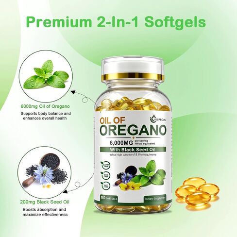 Oil of Oregano with Black Seed Oil Softgels, Oregano Oil Capsules 6000mg Per Serving, 180 Count | 2 in 1 for Immune Health, Non-GMO, No Gluten, Natural Herbal Oregano Supplement in Saudi Arabia