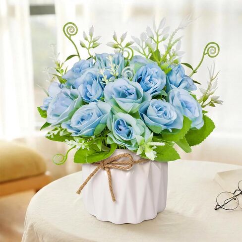 Pink Artificial Roses with Ceramic Vase, No Maintenance Fake Flowers for Table Decor, Realistic Silk Rose Bouquet for Home Office Wedding Gift in Saudi Arabia