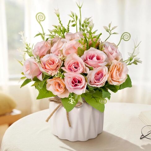Pink Artificial Roses with Ceramic Vase, No Maintenance Fake Flowers for Table Decor, Realistic Silk Rose Bouquet for Home Office Wedding Gift in Saudi Arabia